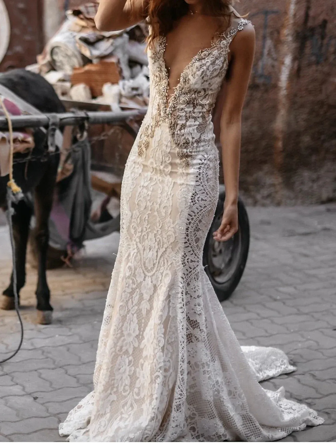Beach Open Back Sexy Boho Wedding Dresses Mermaid / Trumpet V Neck Sleeveless Court Train Lace Bridal Gowns With Appliques