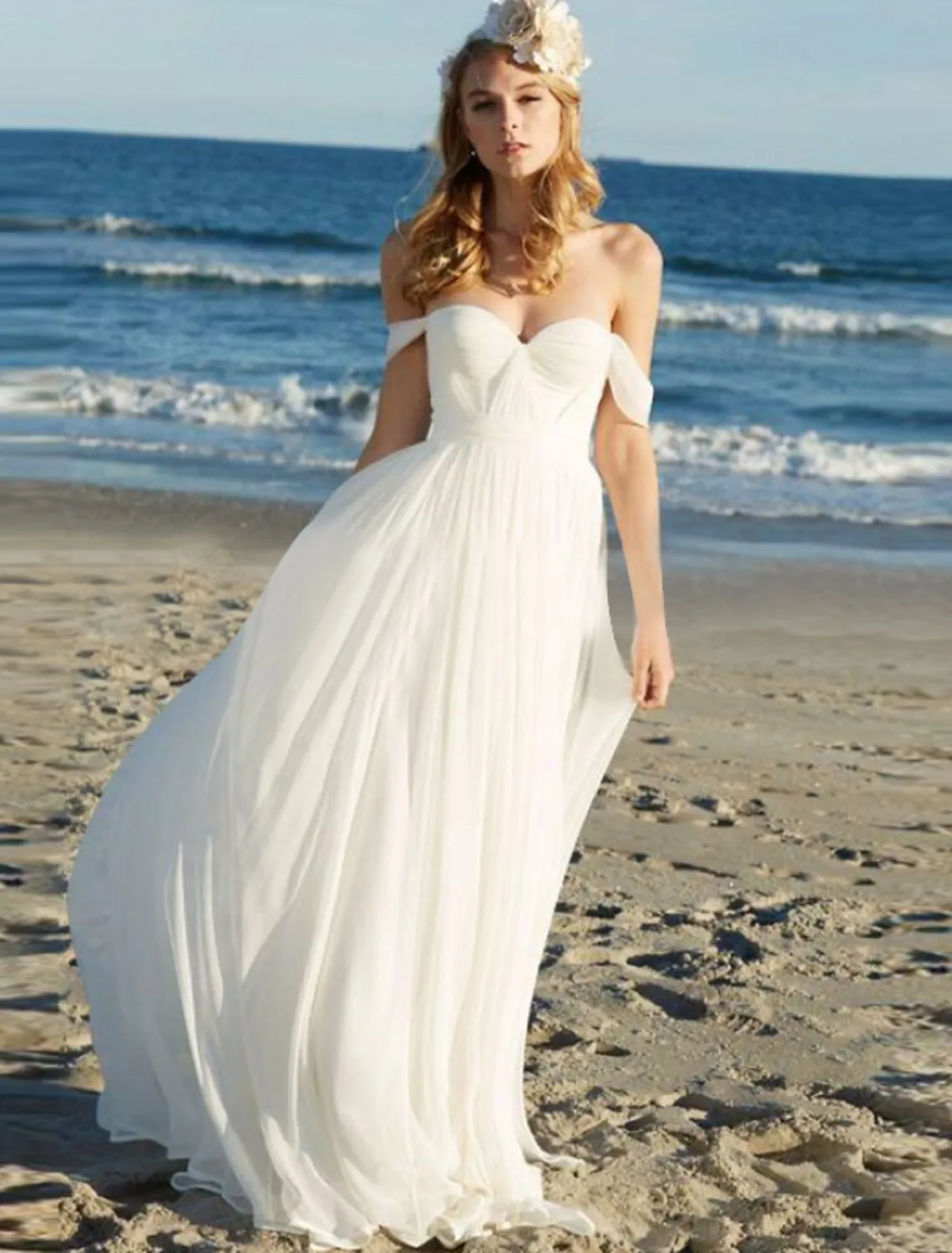 Beach Sexy Boho Wedding Dresses A-Line Off Shoulder Cap Sleeve Floor Length Chiffon Bridal Gowns With Pleats Solid Color Summer Wedding Party