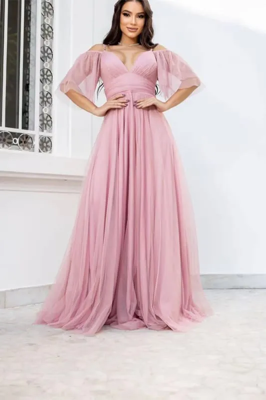 Boho Tulle Prom Dress A Line with Spaghetti Straps
