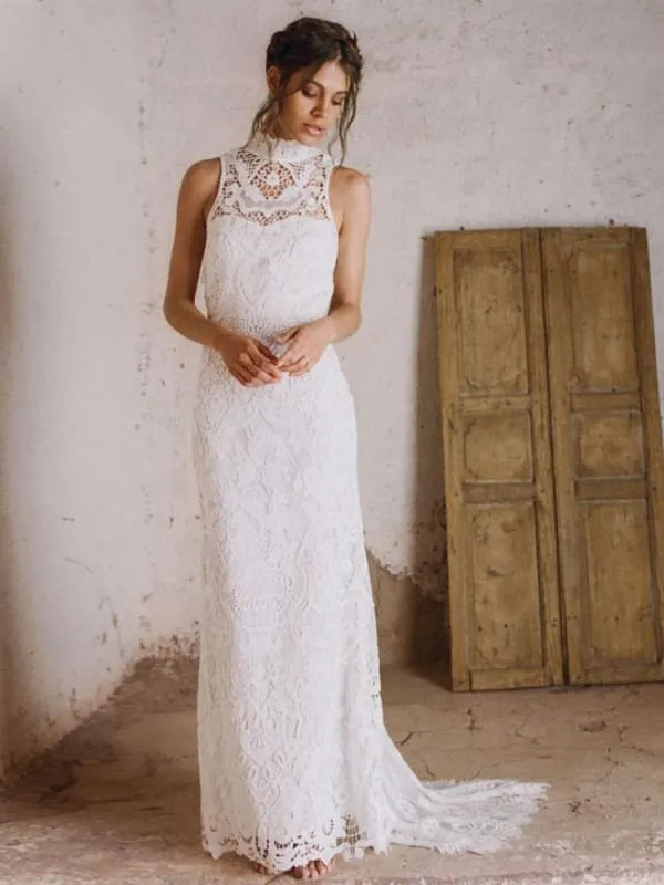 Boho Wedding Dress Sheath High Neck Sleeveless Floor Length Bridal Gown
