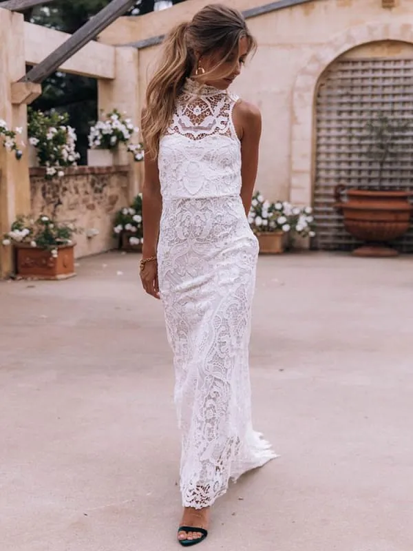 Boho Wedding Dress Sheath High Neck Sleeveless Floor Length Bridal Gown
