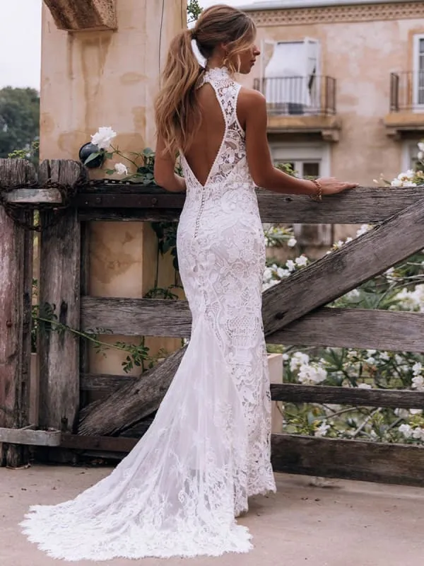 Boho Wedding Dress Sheath High Neck Sleeveless Floor Length Bridal Gown