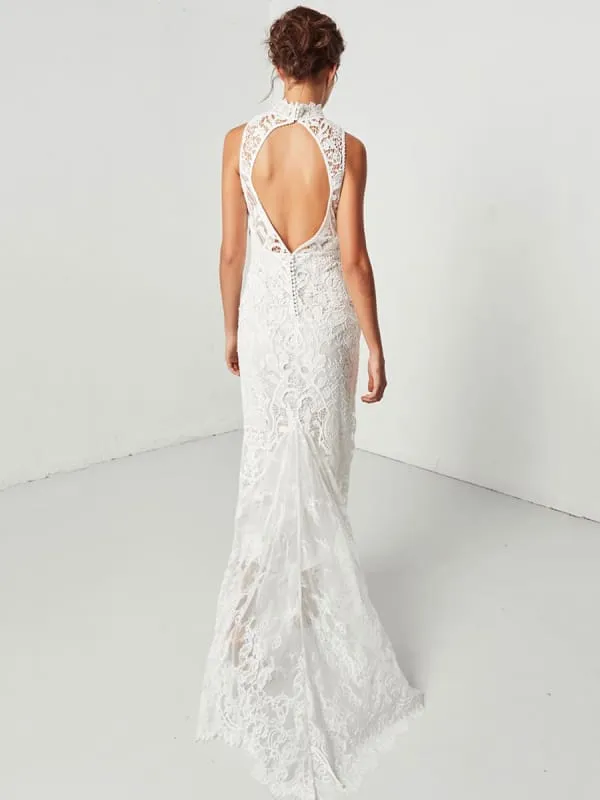 Boho Wedding Dress Sheath High Neck Sleeveless Floor Length Bridal Gown