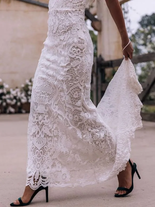 Boho Wedding Dress Sheath High Neck Sleeveless Floor Length Bridal Gown