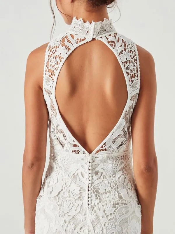 Boho Wedding Dress Sheath High Neck Sleeveless Floor Length Bridal Gown