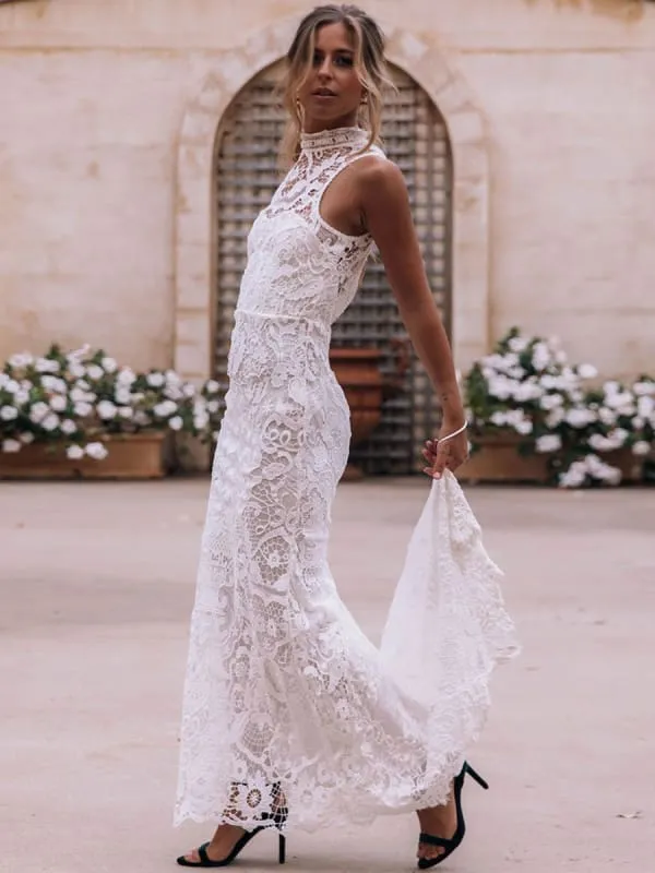 Boho Wedding Dress Sheath High Neck Sleeveless Floor Length Bridal Gown