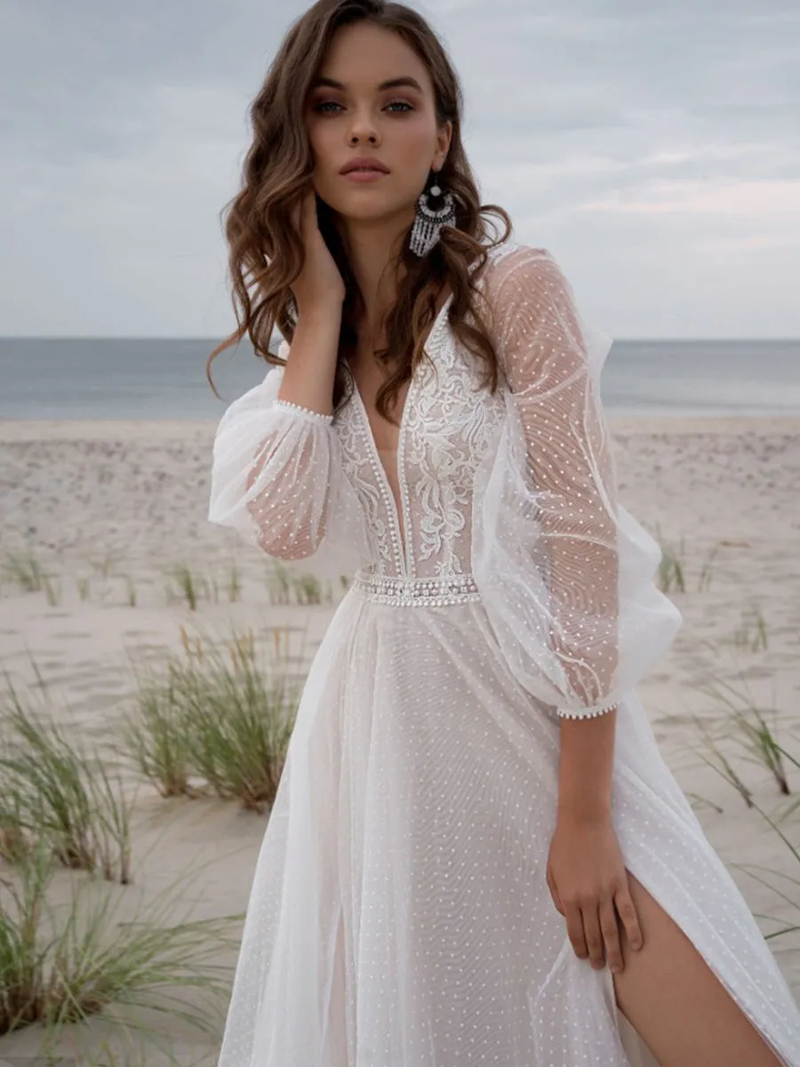 Boho Wedding Dress With Puff Sleeves Beach V-neck Tulle