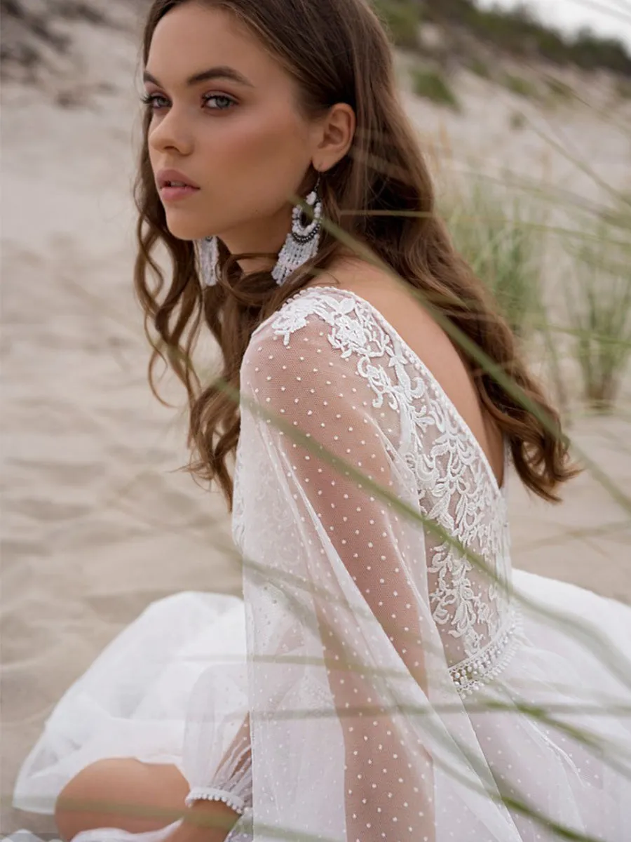 Boho Wedding Dress With Puff Sleeves Beach V-neck Tulle