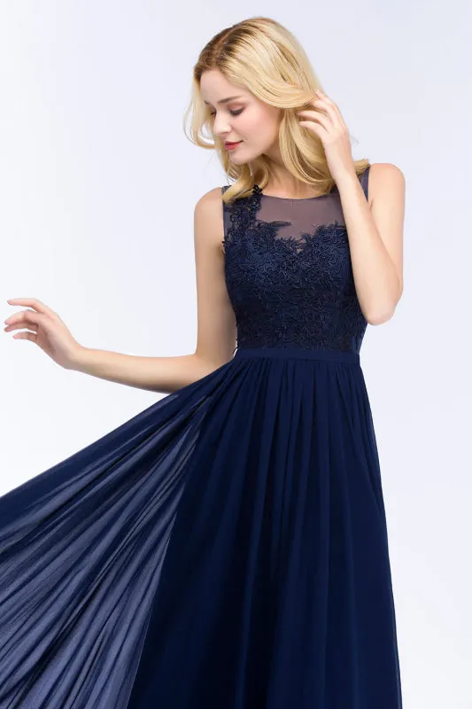 Chiffon Lace Appliques Navy Bridesmaid Dress
