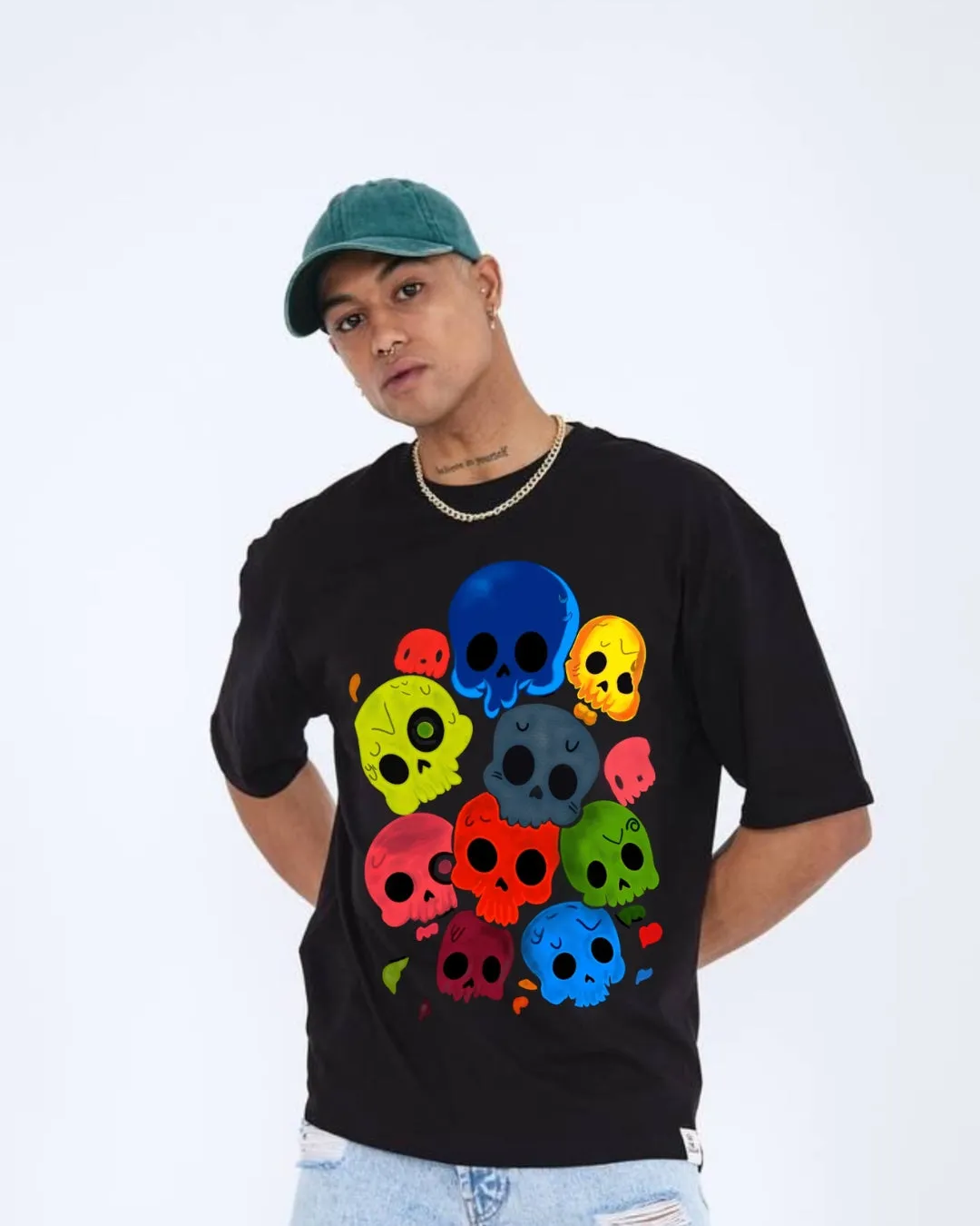 Colorful Skull Unisex Exclusive Oversized Tee - Black