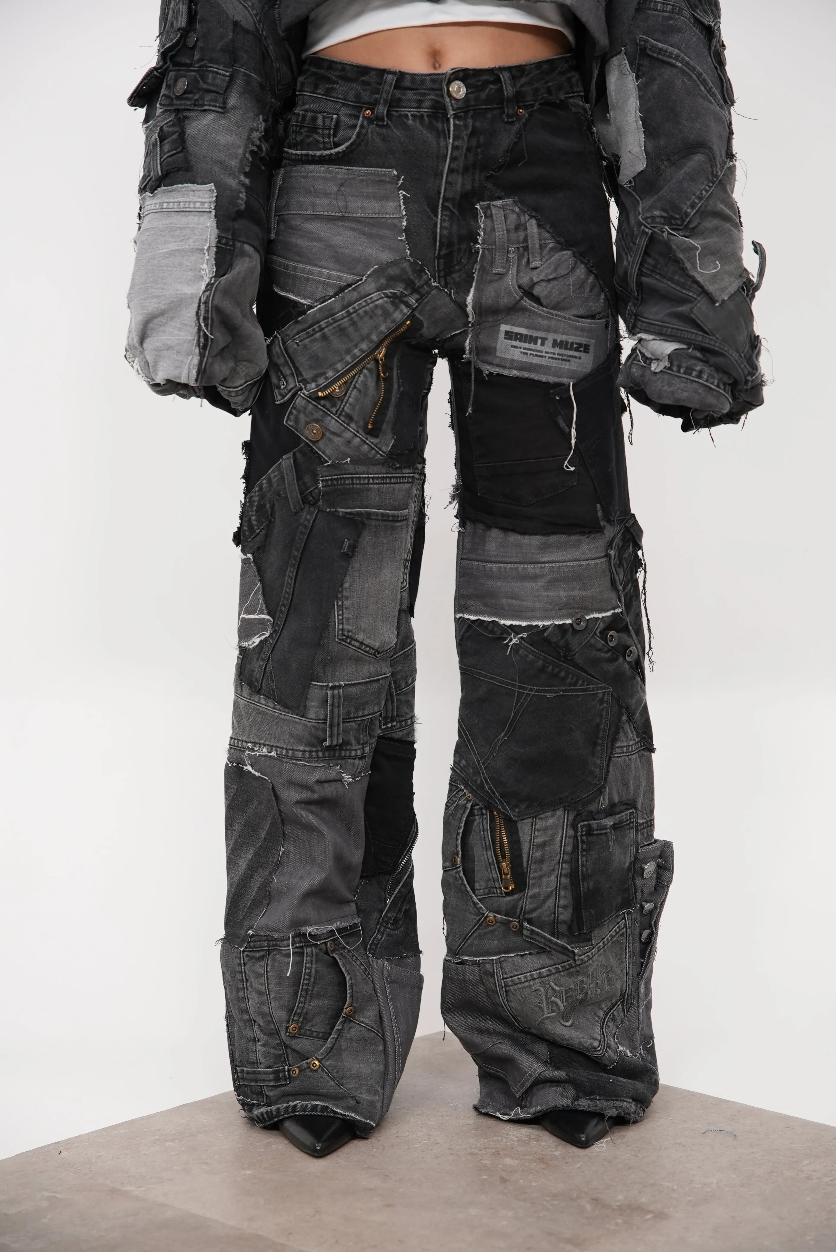 Denim Patchwork Pants Grey