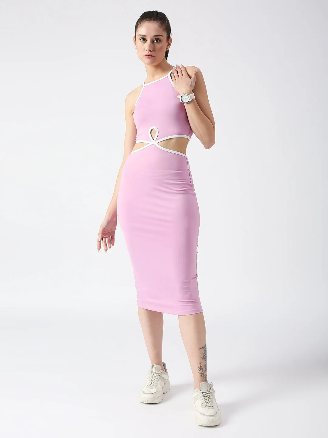 Disrupt Spaghetti neck strappy slim fit lavender cut-out midi dress