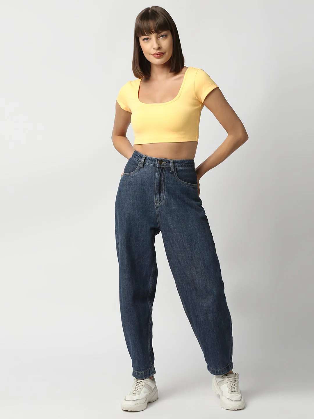 Disrupt Women Yellow Box Neck Slim Fit Smart Crop Top