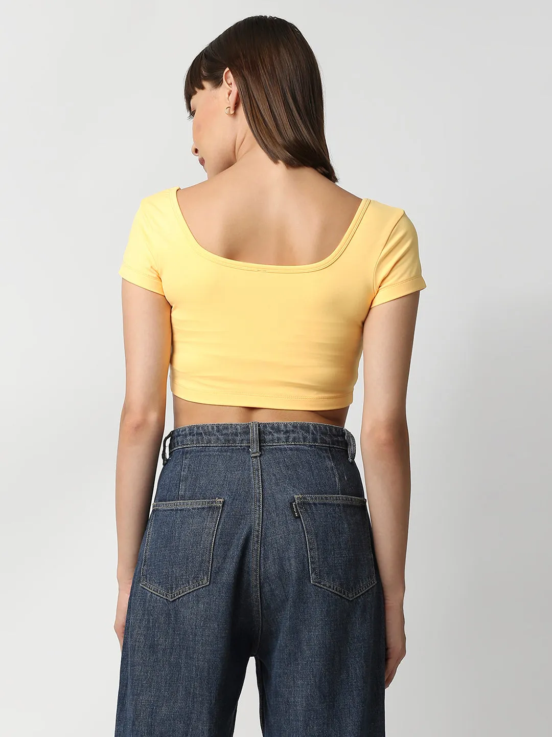 Disrupt Women Yellow Box Neck Slim Fit Smart Crop Top