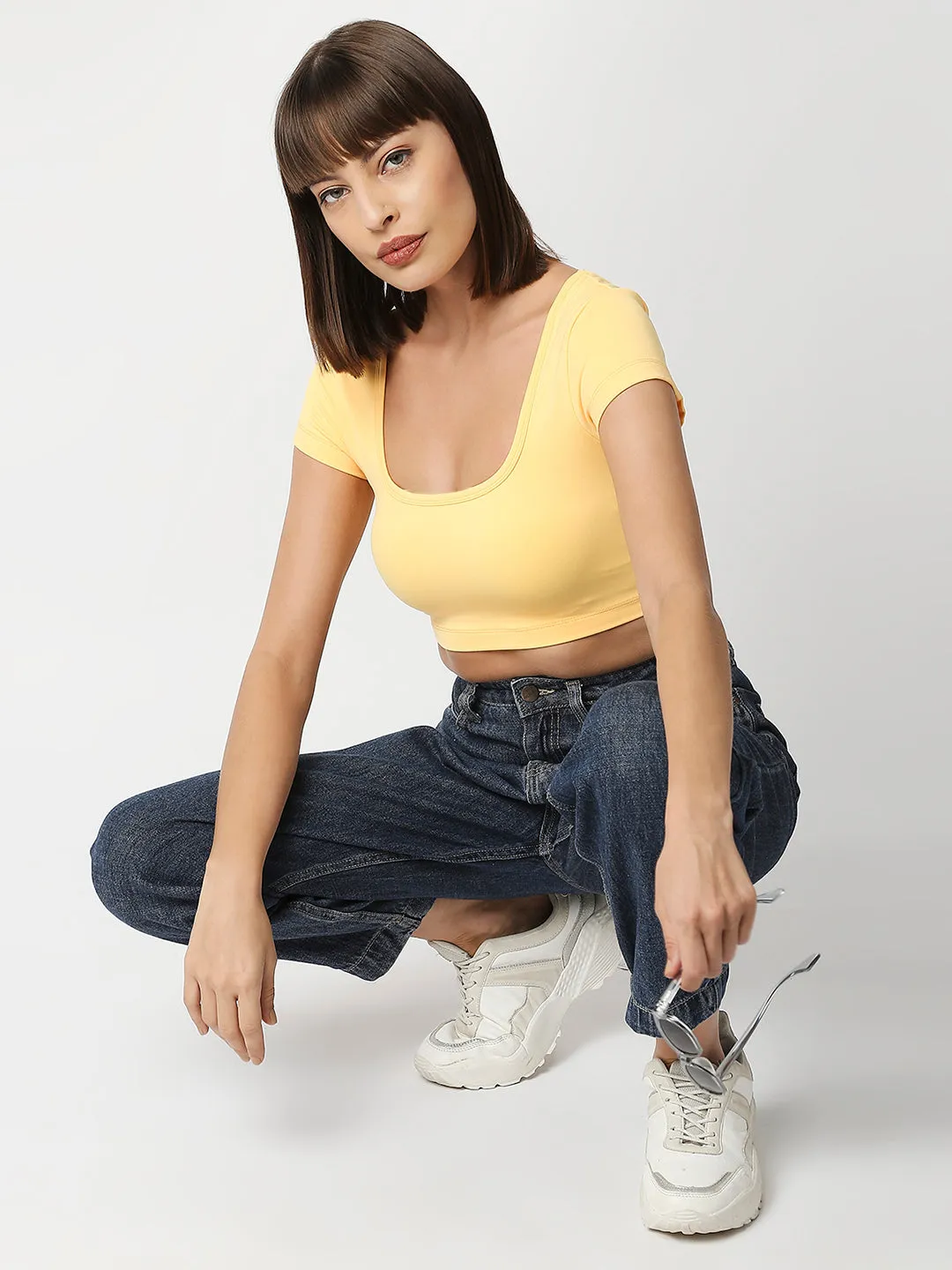 Disrupt Women Yellow Box Neck Slim Fit Smart Crop Top