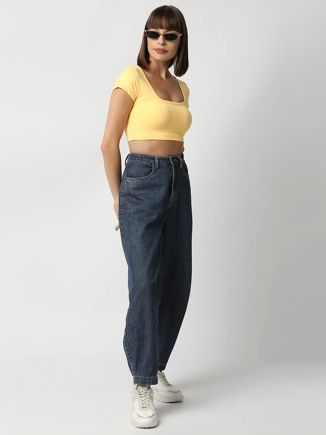 Disrupt Women Yellow Box Neck Slim Fit Smart Crop Top