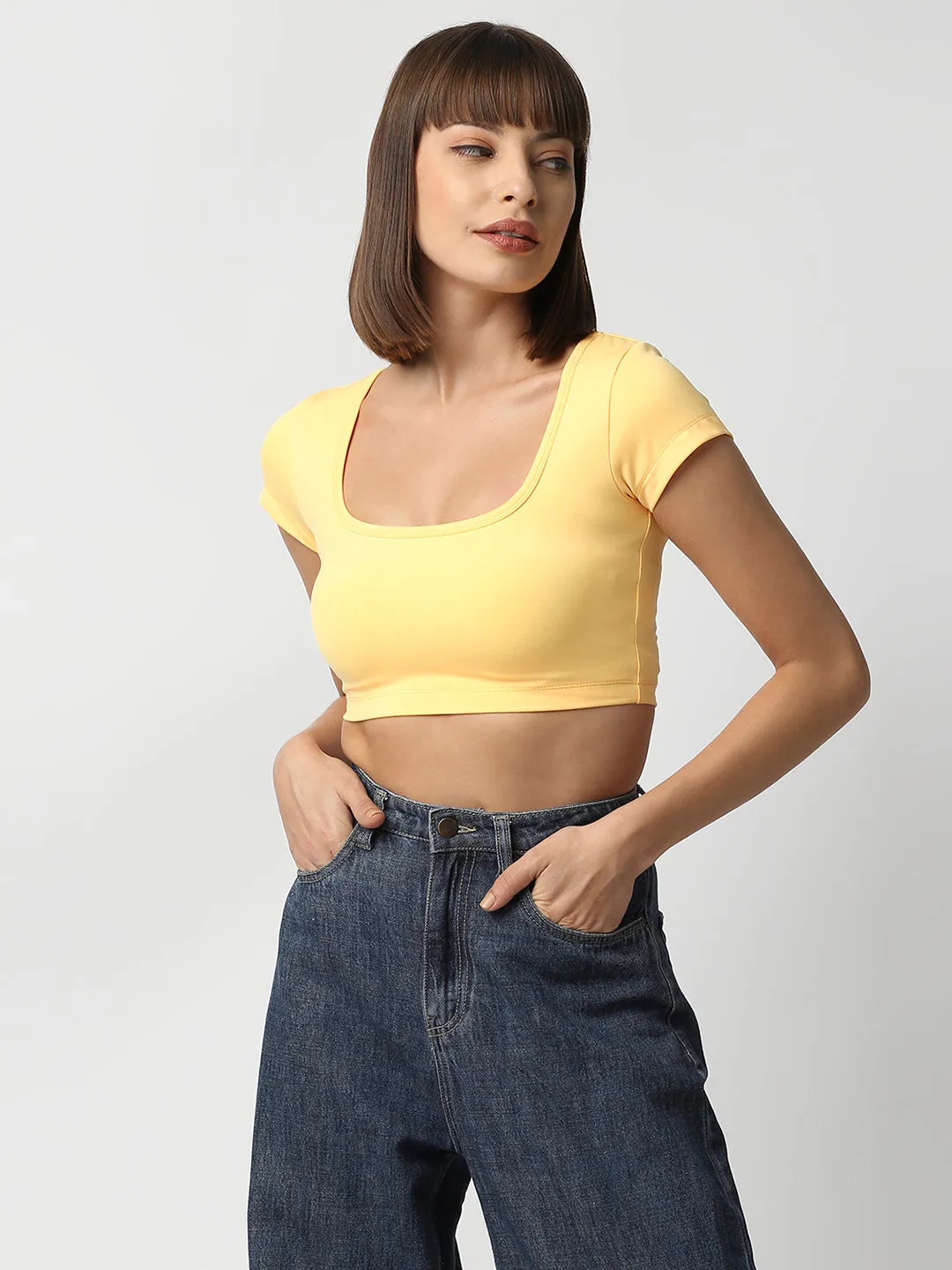 Disrupt Women Yellow Box Neck Slim Fit Smart Crop Top
