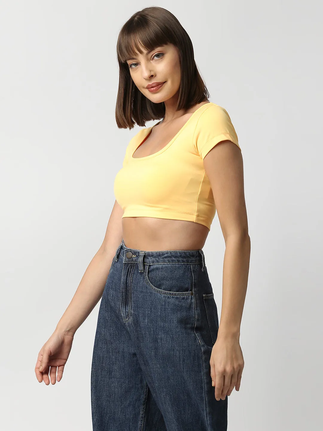 Disrupt Women Yellow Box Neck Slim Fit Smart Crop Top