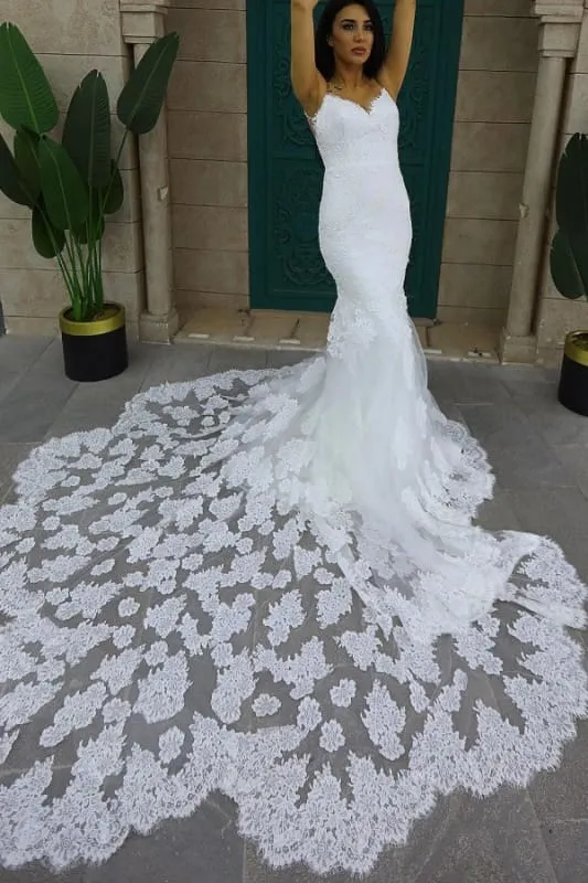 Exquisite Spaghetti Straps Mermaid Floral Wedding Dress with Train