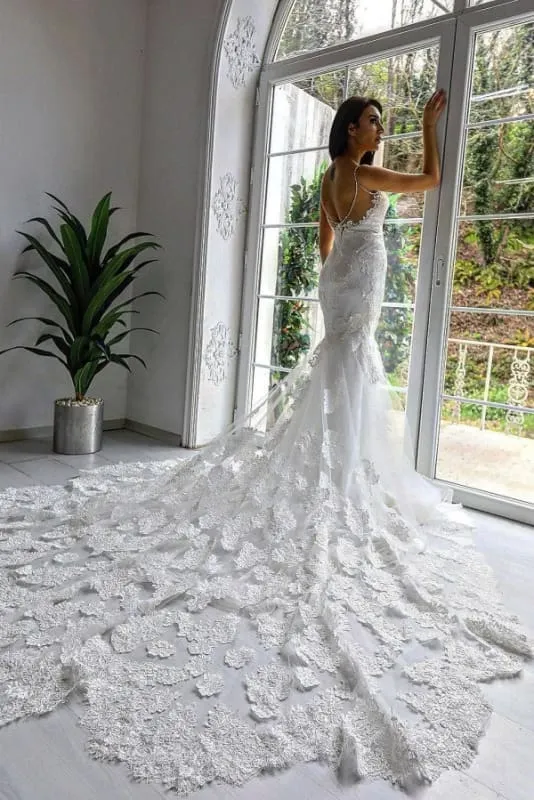 Exquisite Spaghetti Straps Mermaid Floral Wedding Dress with Train