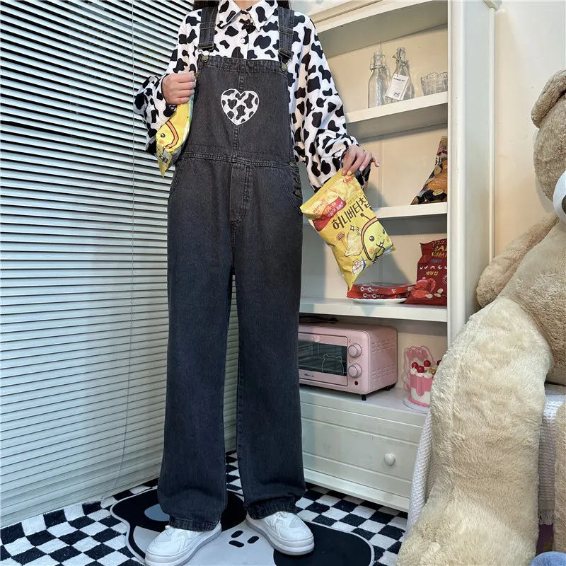 Kawaii Girls Black Love Denim Overalls