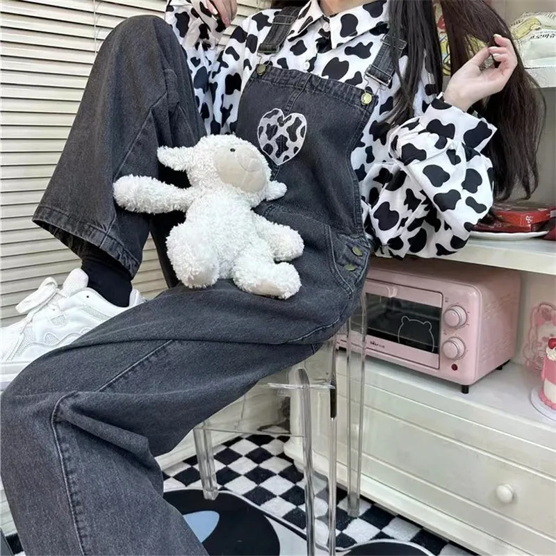 Kawaii Girls Black Love Denim Overalls
