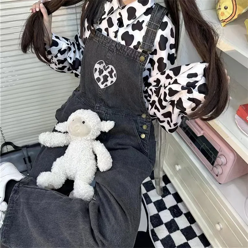 Kawaii Girls Black Love Denim Overalls