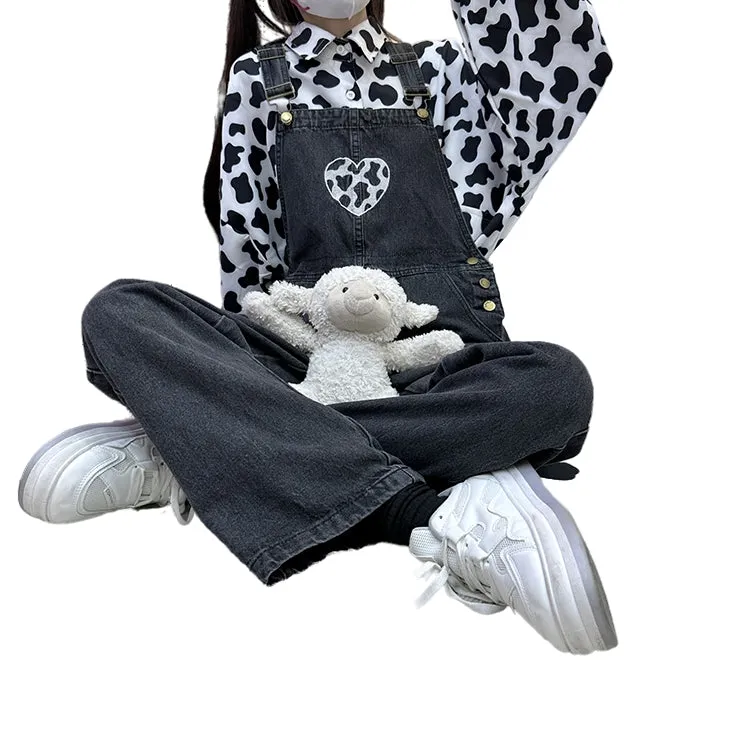 Kawaii Girls Black Love Denim Overalls