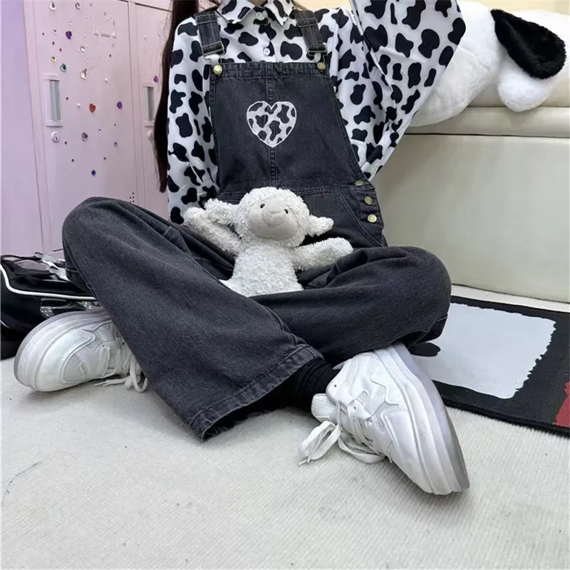 Kawaii Girls Black Love Denim Overalls
