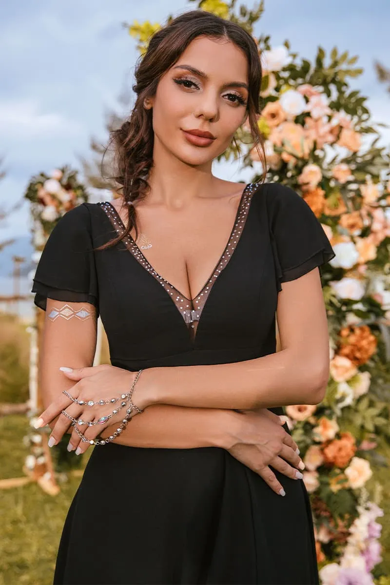 Long Black Chiffon Bridesmaid Dresses With V-Neck
