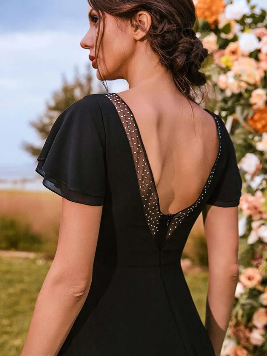 Long Black Chiffon Bridesmaid Dresses With V-Neck