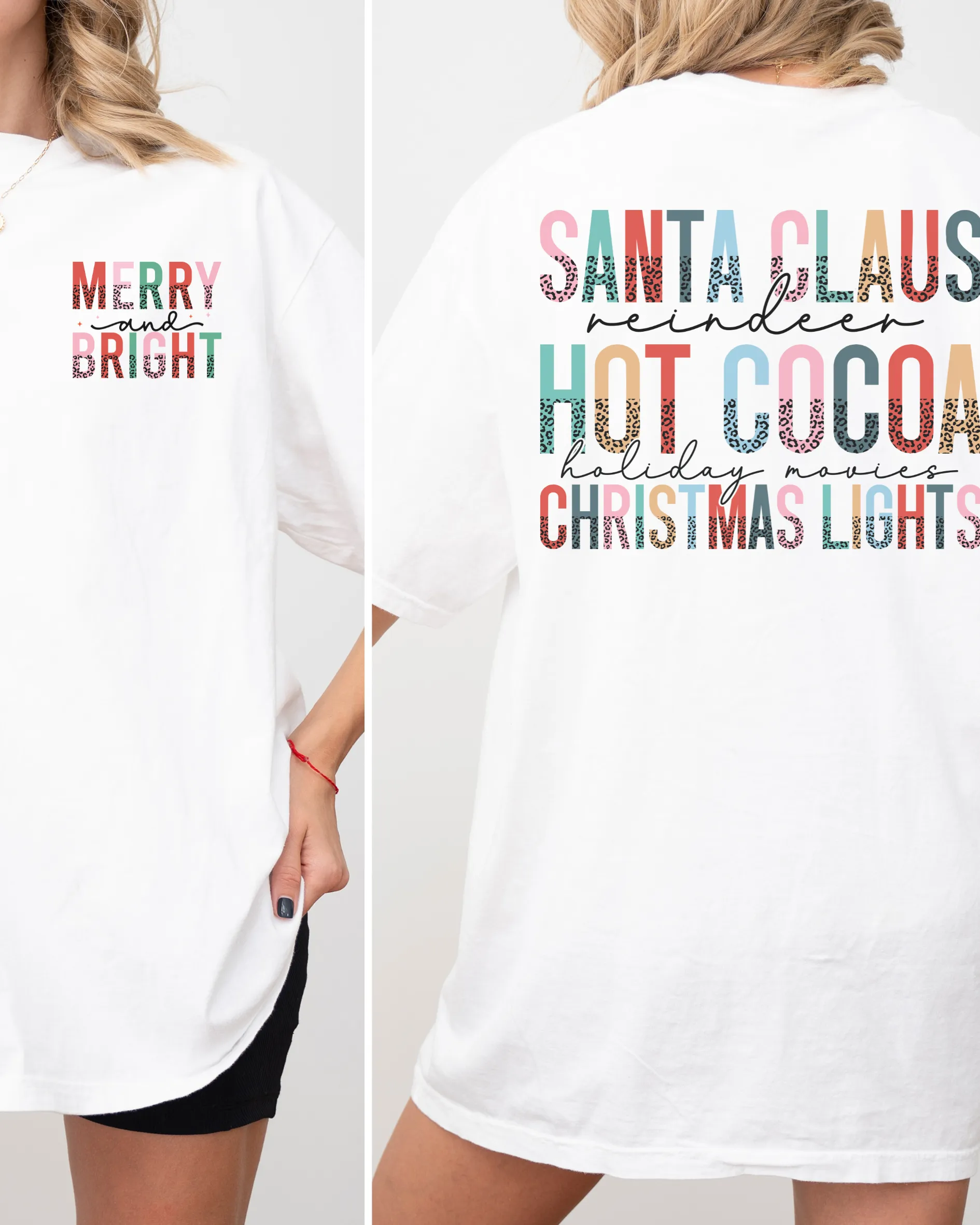 Merry & Bright Christmas WHITE Heavyweight Cotton Women's Graphic Tee
