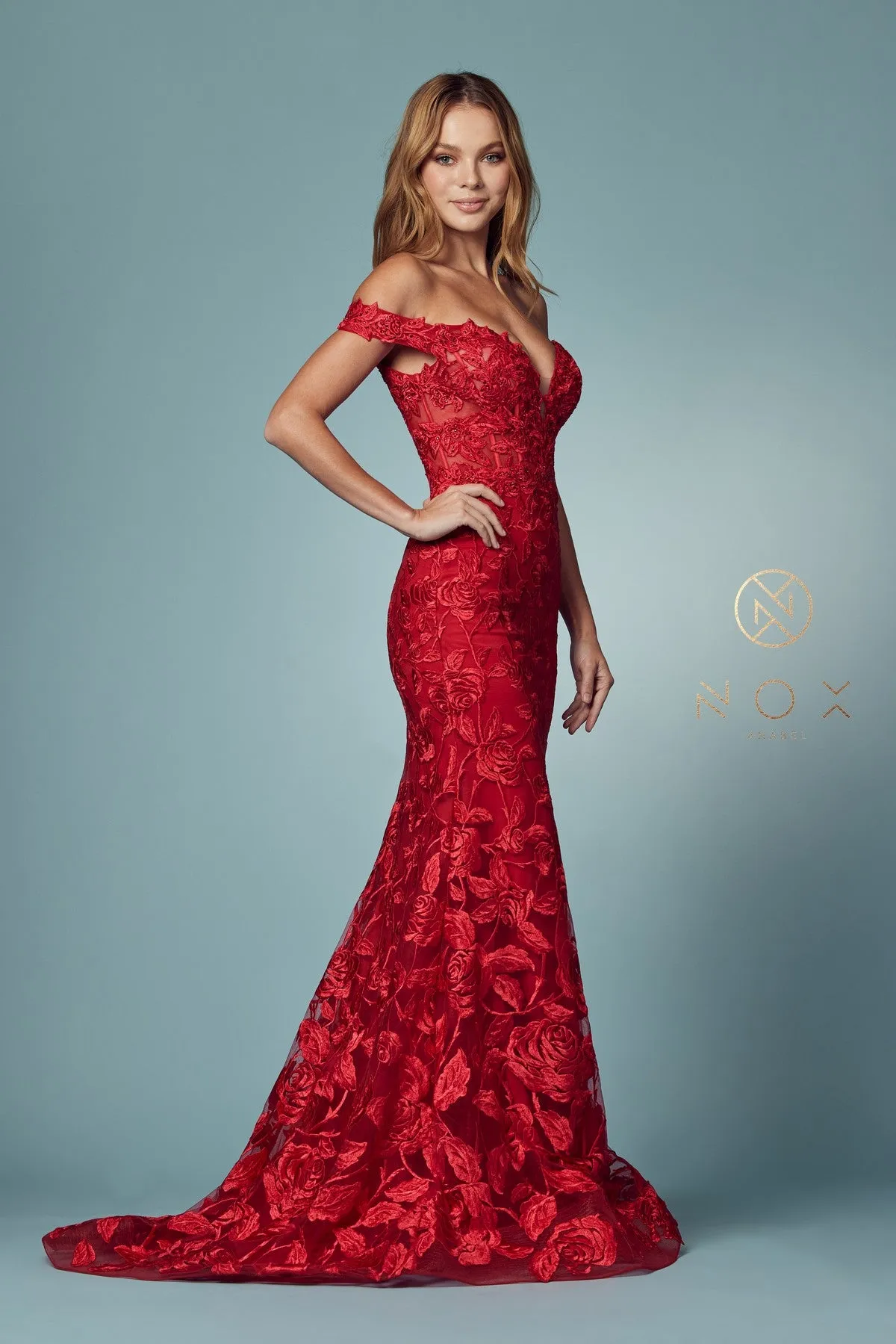 OFF-SHOULDER BOHO INSPIRED MERMAID LONG GOWN＿C439