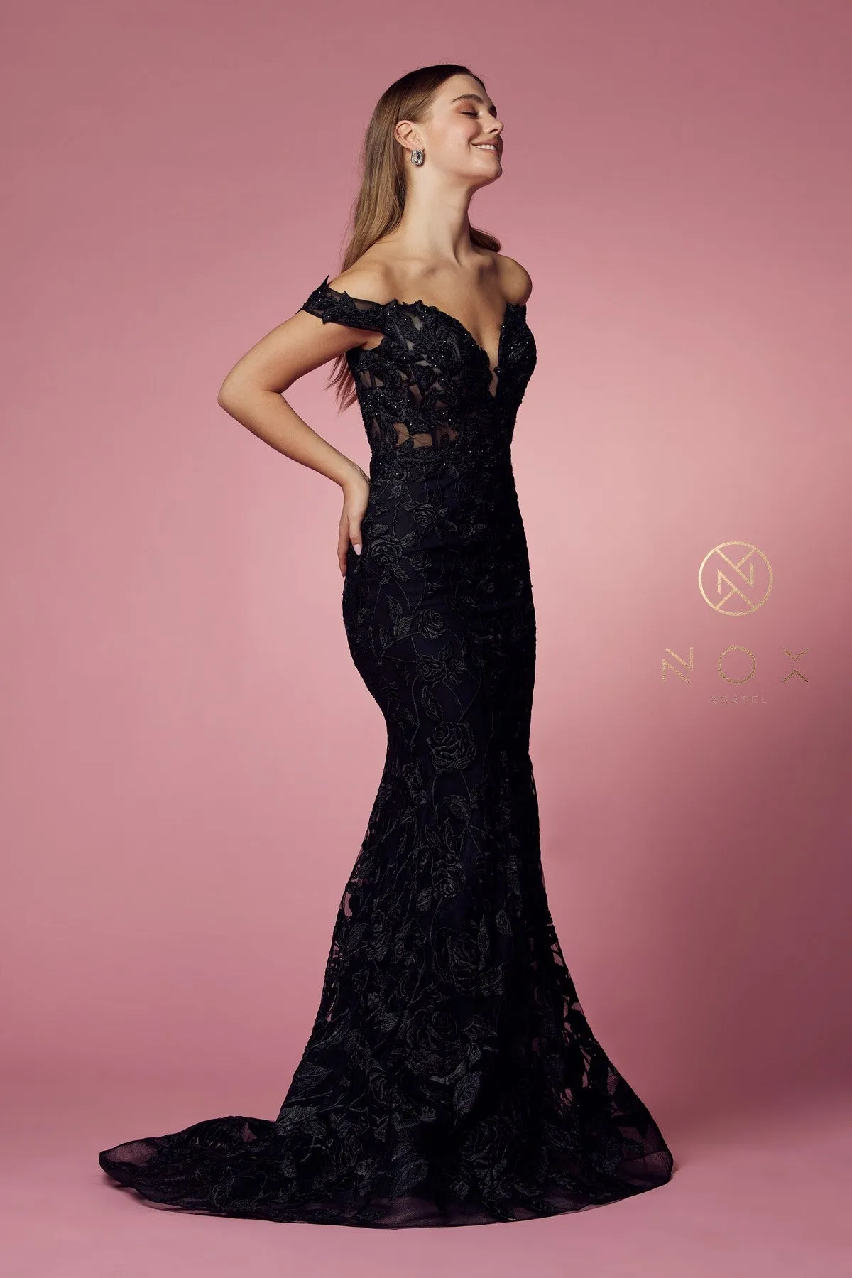 OFF-SHOULDER BOHO INSPIRED MERMAID LONG GOWN＿C439