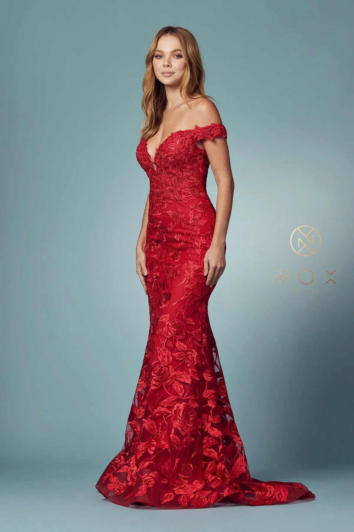 OFF-SHOULDER BOHO INSPIRED MERMAID LONG GOWN＿C439