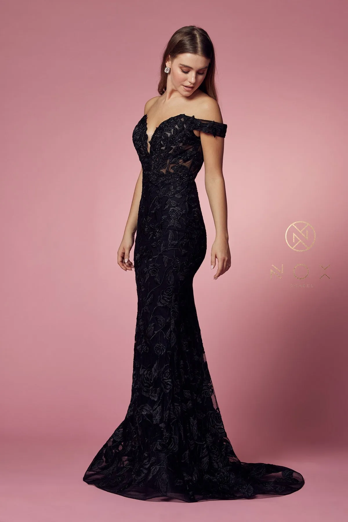 OFF-SHOULDER BOHO INSPIRED MERMAID LONG GOWN＿C439