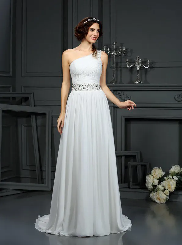 One Shoulder Wedding Dress,Chiffon Long Wedding Dress,Beach Wedding Dress,WD00287