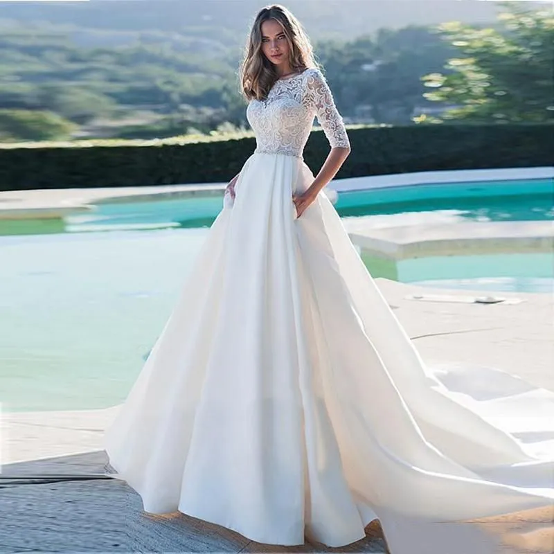 Princess Wedding Dress Half Sleeves With Pockets