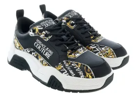 Versace Jeans Couture Black/Gold Baroque Print Trim Lace Up Sneakers-
