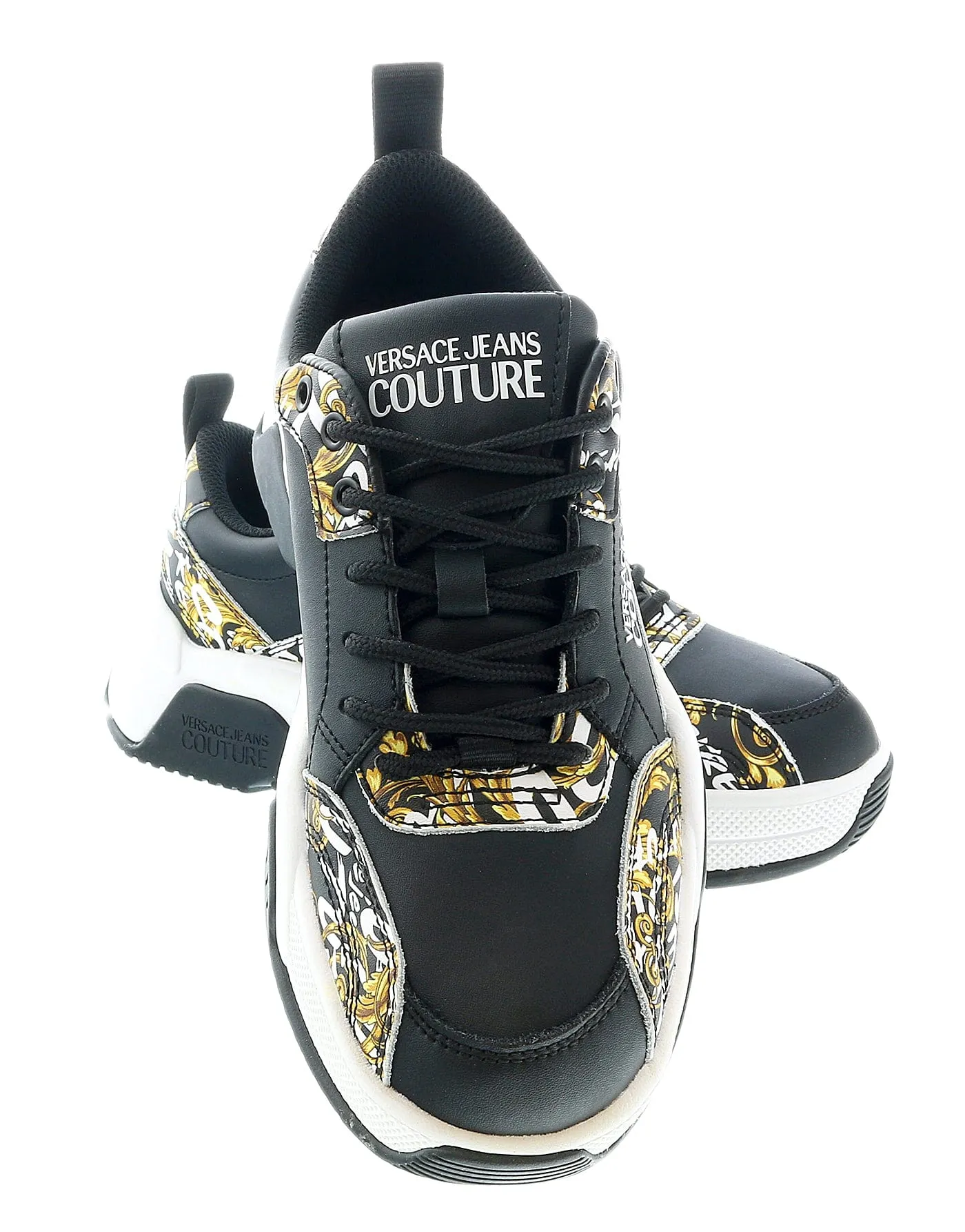 Versace Jeans Couture Black/Gold Baroque Print Trim Lace Up Sneakers-