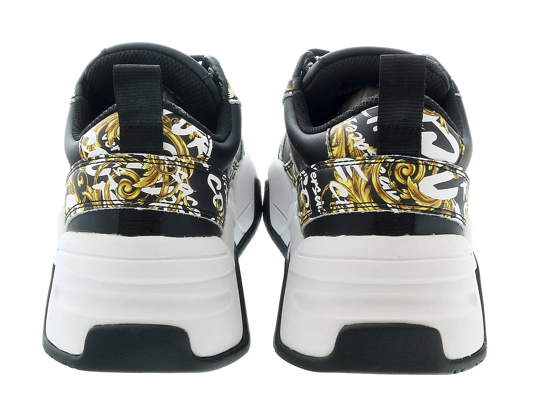 Versace Jeans Couture Black/Gold Baroque Print Trim Lace Up Sneakers-