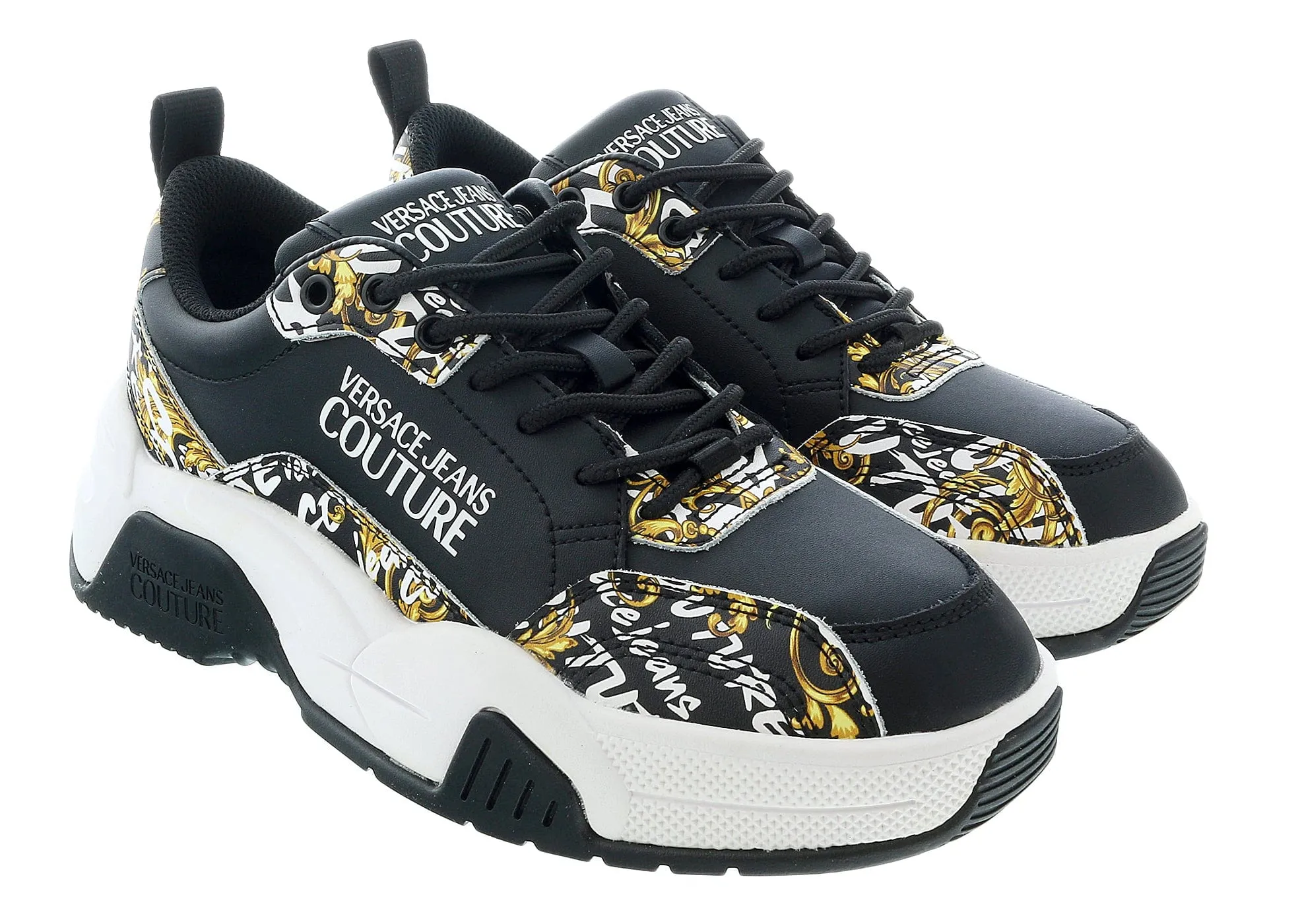 Versace Jeans Couture Black/Gold Baroque Print Trim Lace Up Sneakers-